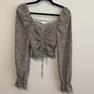 Hesperus Cheetah Print Smocked Ruched Crop Top Puff Sleeve Y2K Boho Small